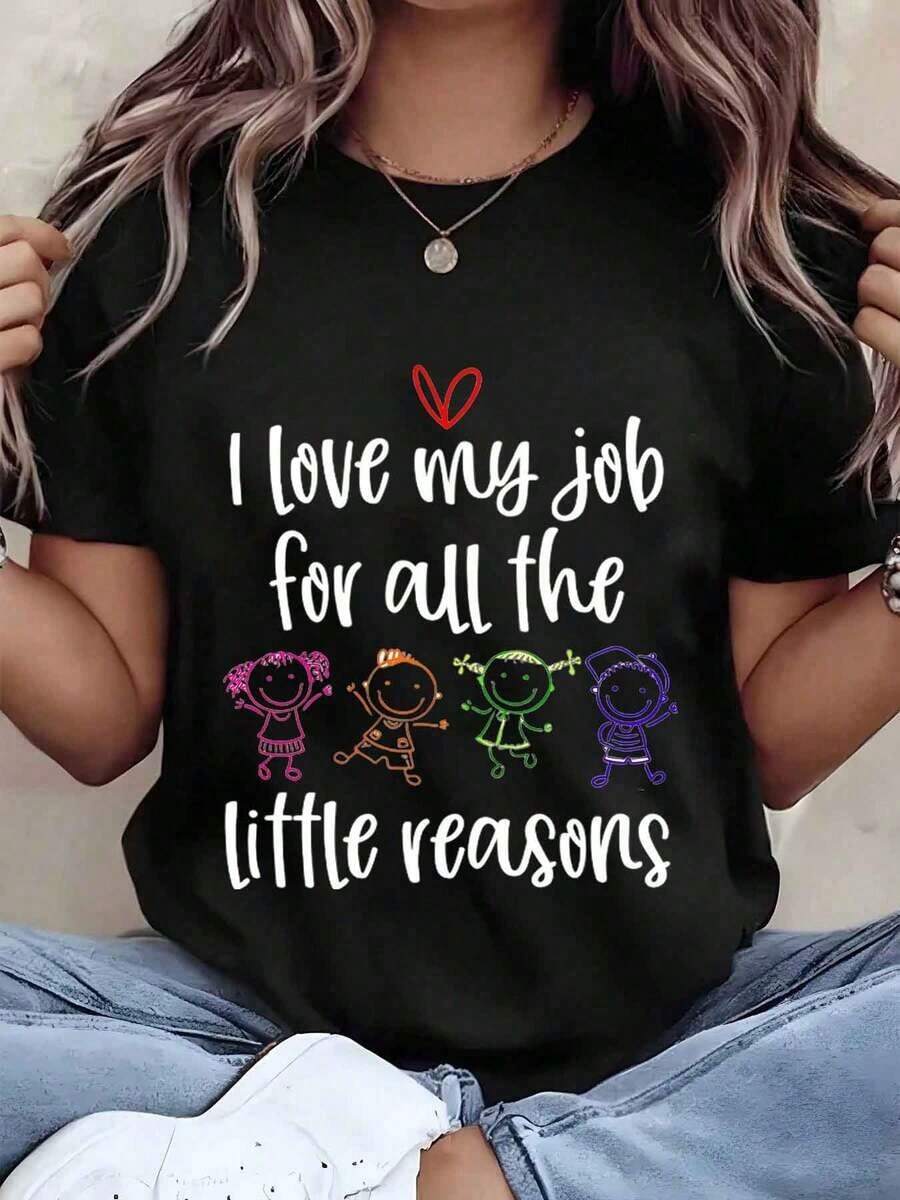 Under The Radar Women's T-Shirt With Cartoon Print And Heart Design, Crew Neck, Regular Fit, Casual Style, Gift For Teachers, Teacher's Day - Vintage Urban Style, Unisex, Cotton, Short Sleeve, Crew Neck - 黑色 - 查看 1