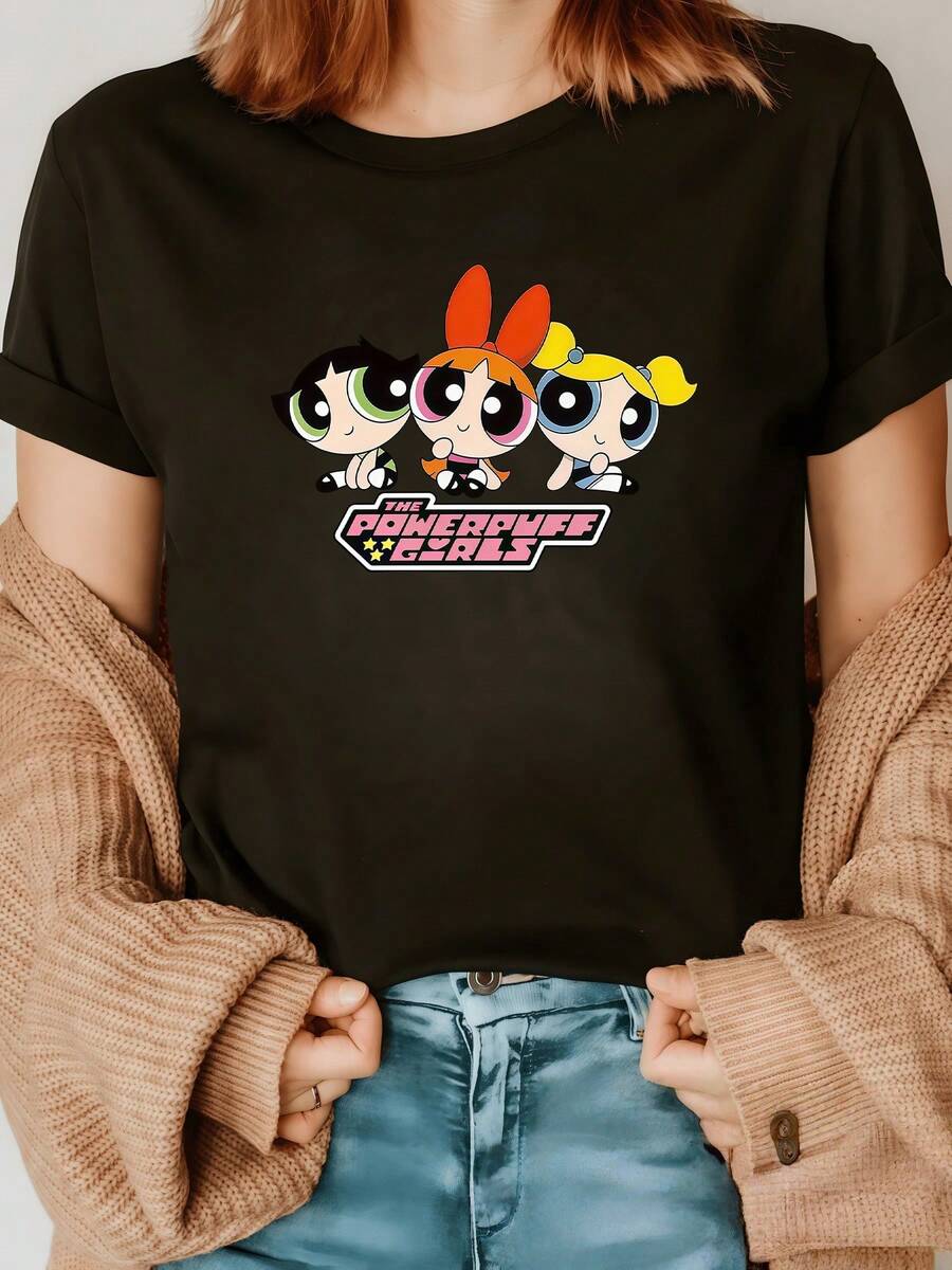 Three Colorful Animated Figures Symbolize Energy, Tenderness, And Feminine Unity With Vibrant Tones And Rounded Shapes That Convey Joy, Strength, And Friendship. This Comfortable, Modern Women's Casual T-Shirt Is Ideal For Everyday Wear. - 黑色 - 查看 1
