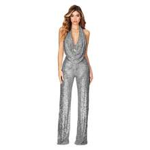 Monochromatic Gold Sequined Dress, Deep V-Neck Halter Neckline, Sleeveless Wide-Leg Design, Stretchy Shimmering Fabric Ideal For Evening Parties, Festive Events And Winter, Glamorous Sexy Style Perfect For Elegant Dinners And Celebrations - 灰色 - 查看 5