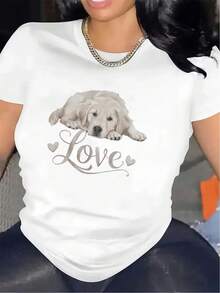 Camiseta de manga corta de poliéster con un adorable diseño de cachorro, perfecta para usar en la sala de estar del hogar, duradera y cómoda, regalo ideal para amantes de las mascotas, tela suave, top elegante y ligero para atuendos casuales, adecuada para primavera, verano y otoño. - Blanco - Ver 7