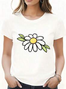 Camiseta Blanca con Estampado de Flores Margaritas para Uso Casual, Hogar, Viajes, Festivales y Fiestas, 100% Algodón - Blanco - Ver 1