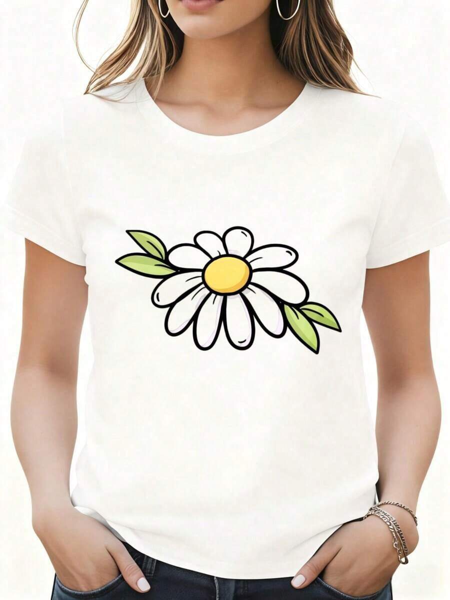 Camiseta Blanca con Estampado de Flores Margaritas para Uso Casual, Hogar, Viajes, Festivales y Fiestas, 100% Algodón - Blanco - Ver 1