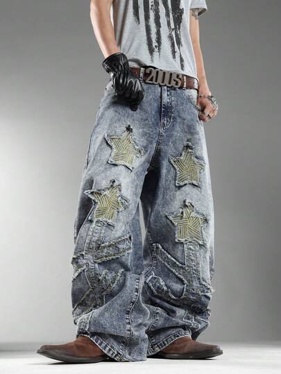 American Street Fashion Patchwork & Embroidered Blue Jeans For Men, Stylish Design, Loose Wide-Leg, All-Match Casual Pants For All Seasons
