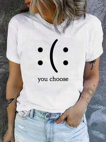 Women's Casual T-Shirt - Choice Of Graphic Design With  Face And Dots, Lightweight, Machine Washable, Comfortable Fit For All Seasons, Short Sleeve, Crew Neck, Everyday Wear T-Shirt, Comfortable Clothing, Fun Design T-Shirt, Machine Washable Fabric, 100% Cotton, Durable - 白色 - 查看 6