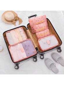 6pcs Waterproof Luggage Travel Organizer Set, Colorful Portable Zipper Packing Cubes For Clothes, Suitable For Travel, Dorm, Suitcase, Minimalist Style (All Prints & Letters Random) - Pink - View 3