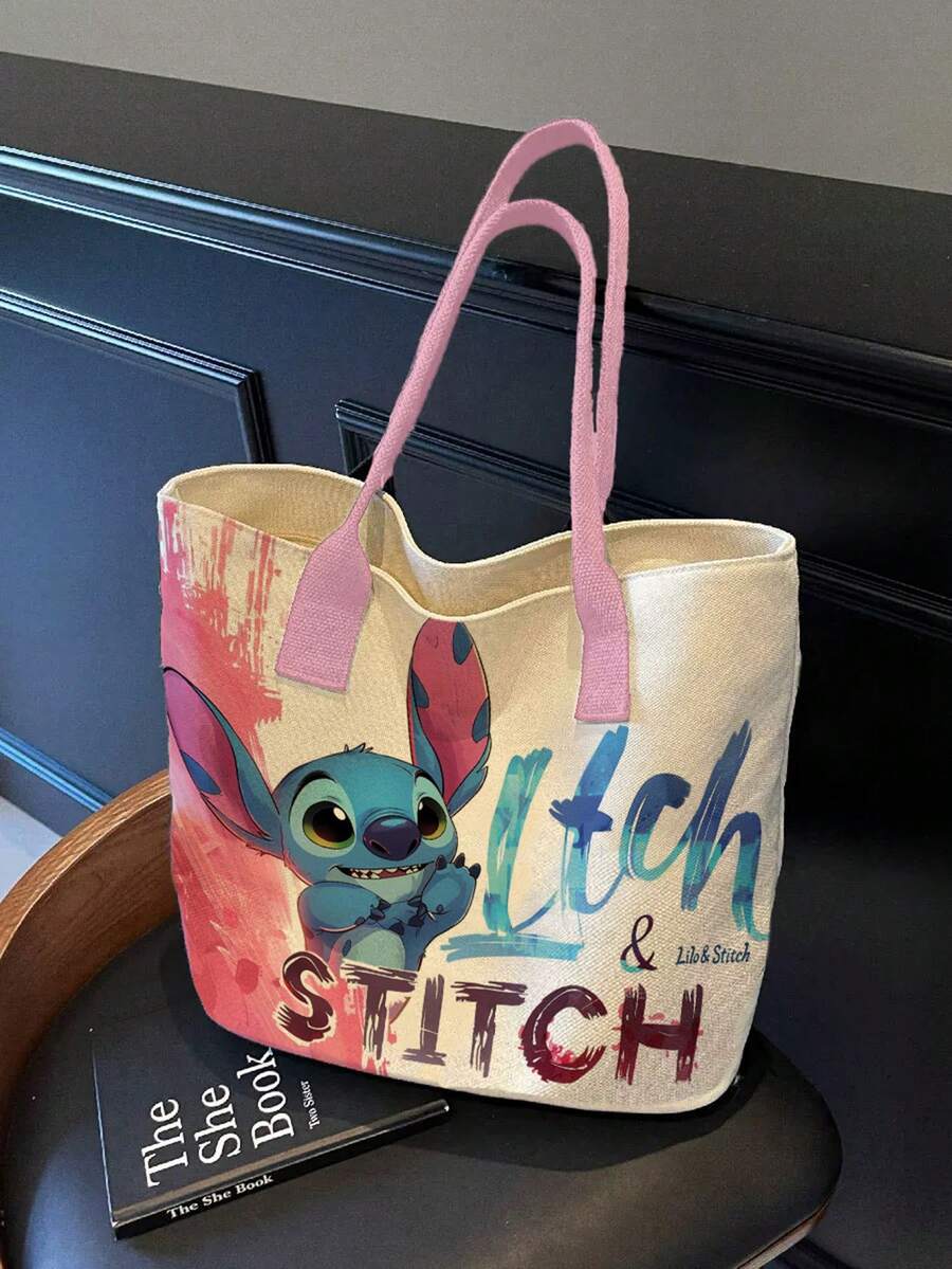 Disney 迪士尼可爱卡通史迪奇印花手提包,适合女性日常购物、聚会、与朋友外出,日式帆布手提包,大容量通勤包,男女通用学生休闲通勤手提包,适合返校季 - 彩色 - 查看 1