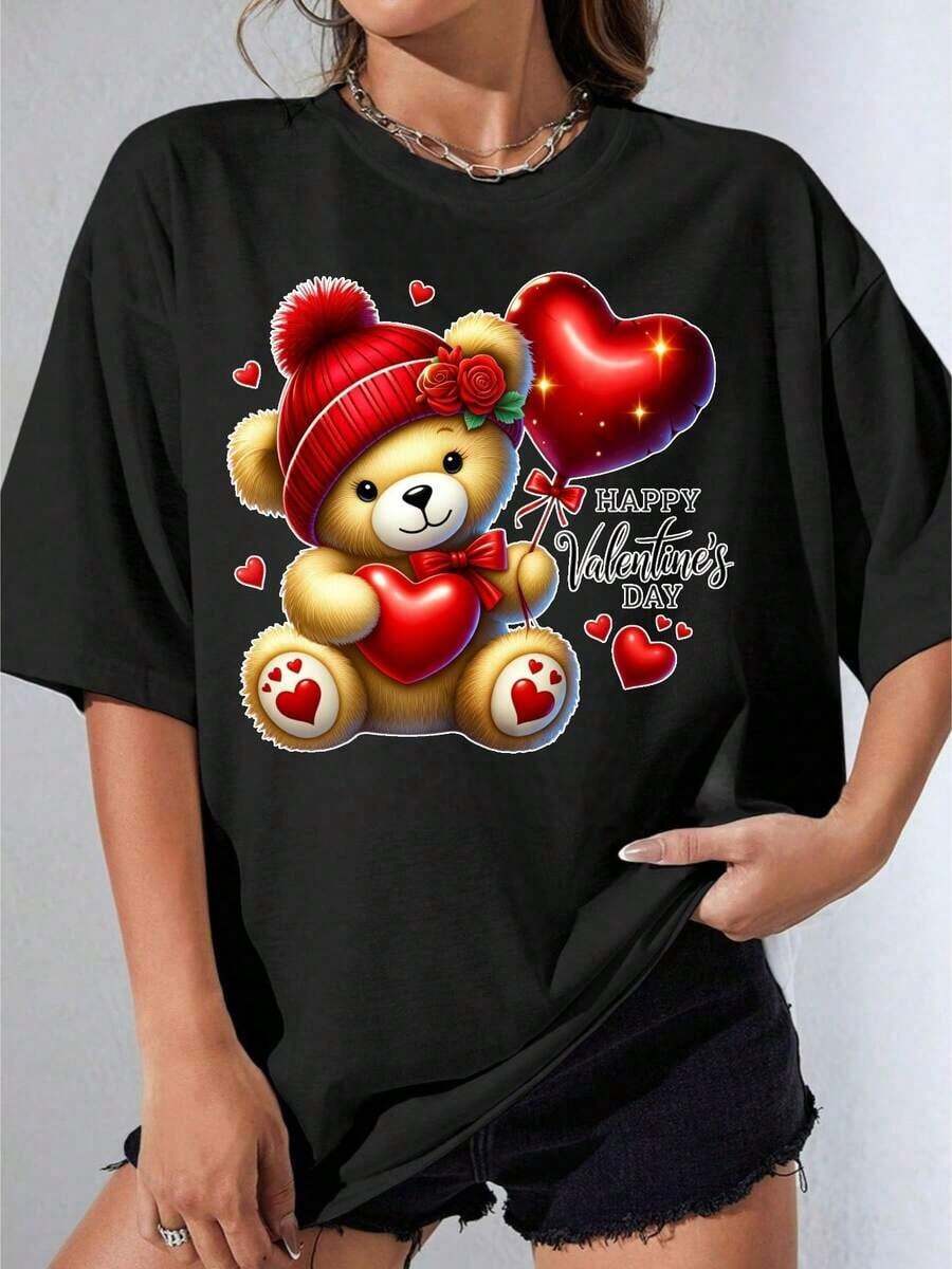 Camiseta Blanca y Negra para Mujer con Estampado de Oso de Peluche Lindo para el Día de San Valentín, Oso Blanco Sosteniendo un Globo con Corazón, Estampado de Feliz Día de San Valentín, Ropa Casual, Regalo Romántico para la Temporada del Amor, Camiseta Estampada Casual para Fiesta al Aire Libre - Estilo Vintage Urbano, Unisex, de Algodón, Manga Corta, Cuello Redondo. Blusas para mujer. blusas.blusas casuales para dama.Impresión de osos cariñosos.Camiseta estampada Impresión de osos cariñosos. - Negro - Ver 1