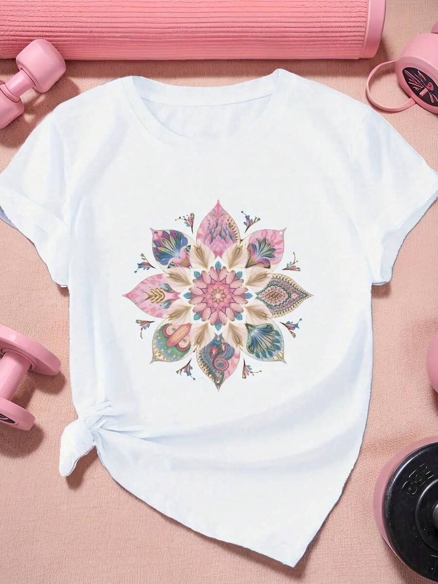 Women's Short-Sleeved Sports T-Shirt, Lightweight And Loose, Comfortable And Stylish, Suitable For Sports And Daily Life, With Floral Print, Casual Outfit For Everyday Wear. - 白色 - 查看 1