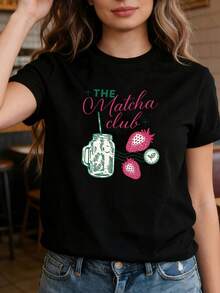 Ropa de mujer: Elegante camiseta de manga corta con estampado vintage de tarro Mason y fresas, estilo THE Matcha, camiseta casual y cómoda para mujer de talla grande, ideal para primavera y verano, top de estilo vintage dulce y fresco, adecuada para salidas a tiendas de té con leche, reuniones de amantes del matcha, uso diario y ropa de verano. - Negro - Ver 2