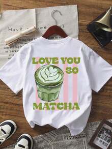 ropa de mujer Camiseta de manga corta con estampado de matcha y café, estilo minimalista de verano, cuello redondo, casual, con efecto tie-dye, blusa blanca versátil y elegante para mujer, camisas de mujer - Blanco - Ver 2
