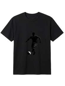 Camiseta 100% algodón con estampado de silueta de jugador de fútbol, transpirable y cómoda, edición de primavera, peso de 100 gramos. Camiseta de mujer de color sólido simple, corte holgado - Negro - Ver 4