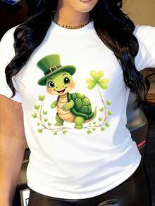 ropa de mujer Camiseta gráfica Y2K para mujer - Camiseta con diseño de tortuga y sombrero de trébol, top casual elástico para atuendos del Día de San Patricio, vestimenta casual, camisas de mujer - Blanco - Ver 6