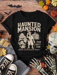 Una camiseta de mujer de manga corta, holgada, moderna, a la moda, retro y elegante, adecuada para actividades al aire libre en primavera y verano, con el motivo de Halloween "TOWN SWEET TOWN BEWARE OF HITCHHIKING GHOSTS".Es una camiseta casual de manga corta y cuello redondo, hecha de material no transparente, suave y transpirable, ideal para uso diario y conjuntos de fiesta.blusas para mujer,blusas casuales para dama,tops,, mujer premium,y2k,playeras de mujer curvy,ofertas y liquidaciones ropa mujer,playeras deportivas para mujer,,playeras de hombre, mujer,blusas>elegante 28B1 - Negro - Ver 1