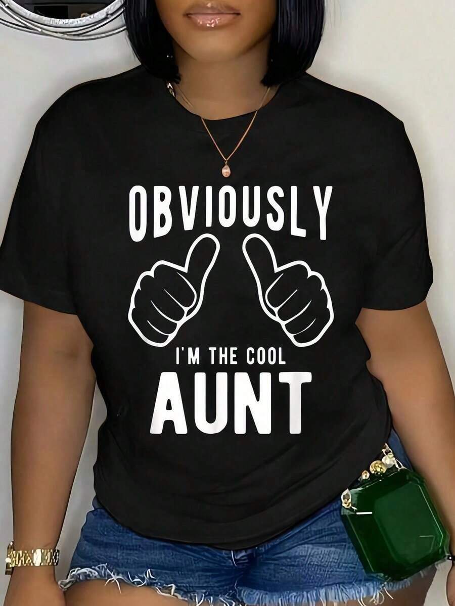 Camiseta gráfica suave unisex con estampado de tía "Obviamente Genial", 100% algodón, regalos divertidos para tía de parte de su sobrina o sobrino, cuello redondo, manga corta, estilo casual, suave, transpirable, corte holgado, camiseta clásica de moda, adecuada para uso diario en la oficina en primavera y verano, regalo perfecto para amigos y familiares. - Negro - Ver 1