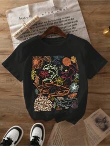 1 Women's T-Shirt With Vibrant Shark And Marine Life Print - Soft Short Sleeves, Round Neck, Breathable Fabric - Suitable For Daily Wear And Casual Gatherings - Machine Washable, 180g, 100% Cotton. - 黑色 - 查看 1