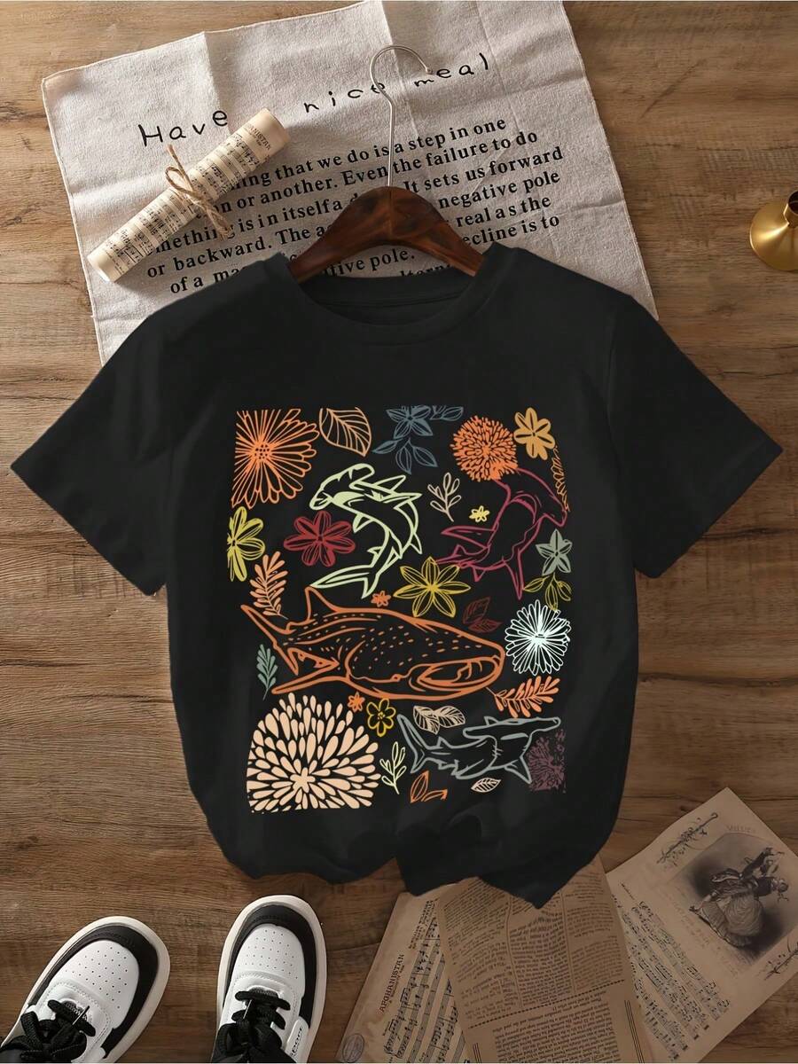 1 Women's T-Shirt With Vibrant Shark And Marine Life Print - Soft Short Sleeves, Round Neck, Breathable Fabric - Suitable For Daily Wear And Casual Gatherings - Machine Washable, 180g, 100% Cotton. - 黑色 - 查看 1