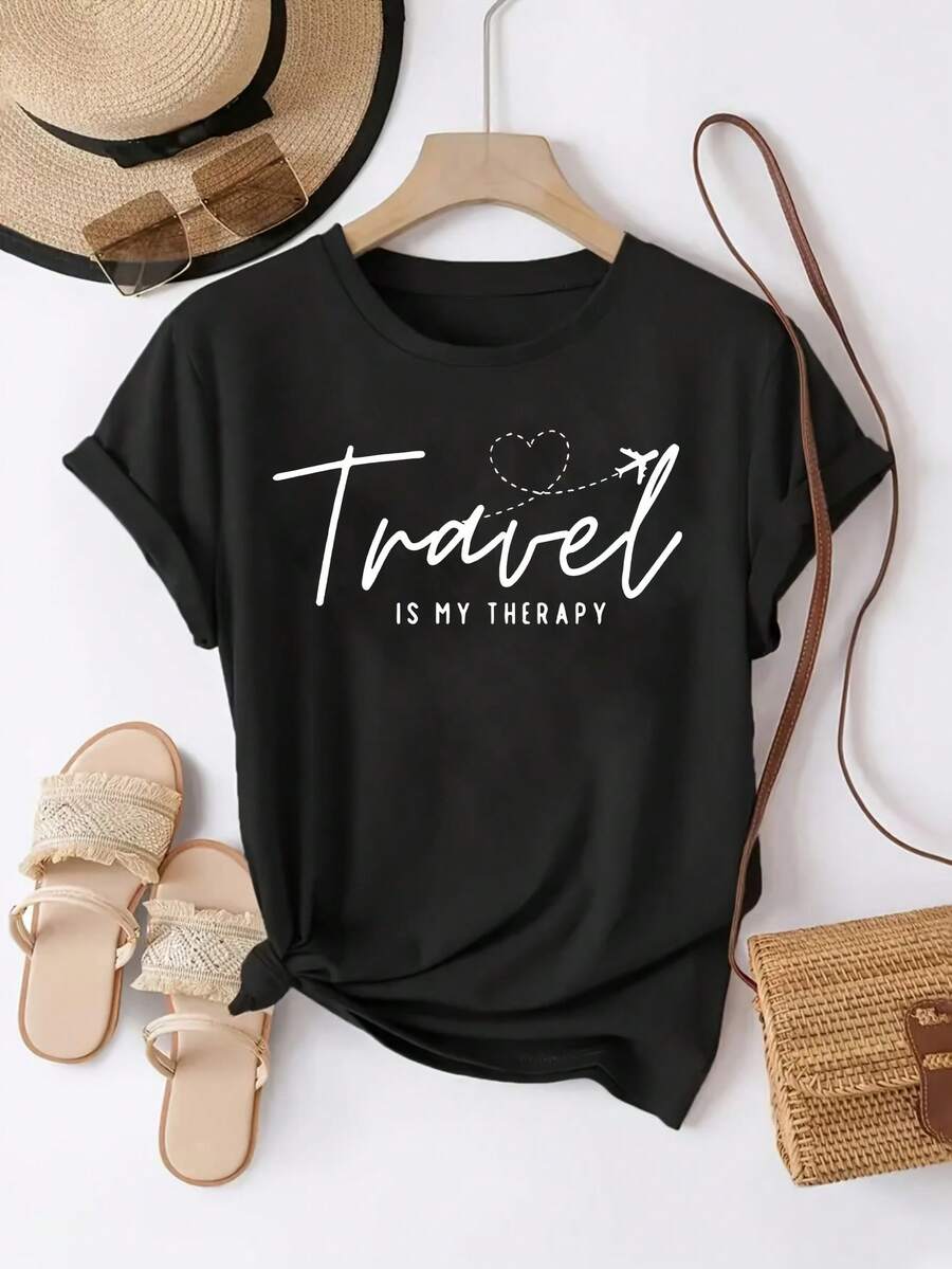1 Women's Cotton T-Shirt With "Travel Is My Relaxation" Print - Black With White Letters, Airplane And Heart Design, Loose Fit, Short Sleeve, Round Neck, Casual Summer Style, Machine Washable And Breathable, 180g 100% Cotton. - 黑色 - 查看 1
