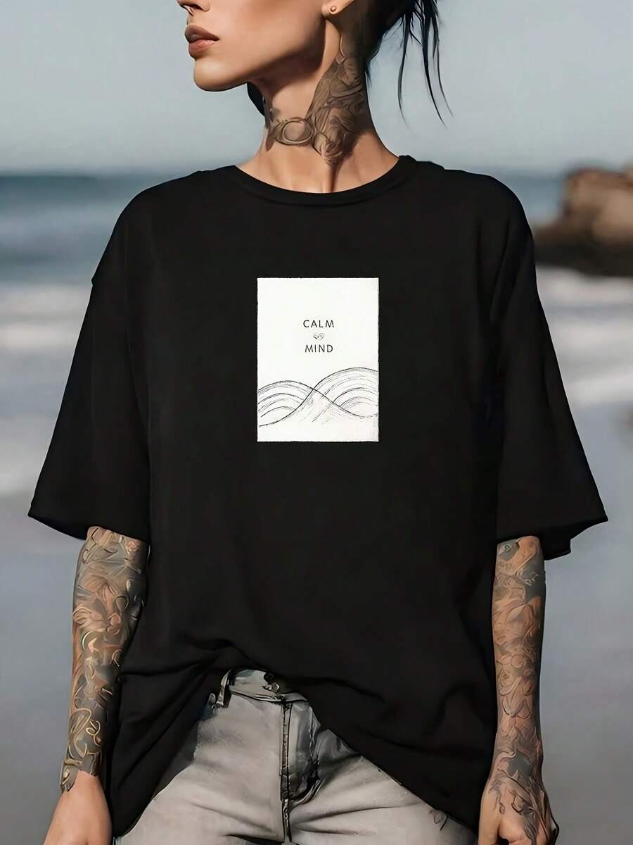 Calm Mind Zen Graphic T-Shirt | Women's 180g Casual T-Shirt | Summer Fashion | Perfect For Family Gatherings And Corporate Events | Ideal Gift For Him And Her | Lightweight And Comfortable Loose Fit T-Shirt - 黑色 - 查看 1