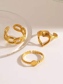 3pcs/Set Stainless Steel 18K Gold Plated Personalized Geometric Heart Rings Set, Suitable For Women's Daily And Party Wear High-End Jewelry - Yellow Gold - View 2