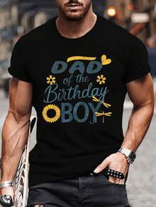 Men's Short-Sleeved T-Shirt With Round Neck, Featuring A "Birthday Boy" And Sunflower Print, Comfortable And Versatile, Suitable For Everyday Summer Wear And As Sportswear. - 黑色 - 查看 1