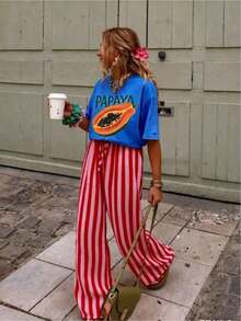 Summer Style Off-Shoulder Printed T-Shirt, Versatile And Stylish For Beach Vacations, Machine Washable, Casual Holiday Top, Streetwear And Sportswear | Clothing For Juneteenth, Father's Day And 4th Of July, Women's T-Shirts For Vacation And Office, Comfortable - 藍色 - 查看 5