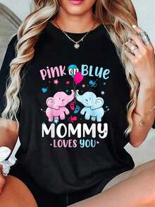 1 Piece Elephant Gender Reveal T-Shirt "Mommy Loves You" In Pink Or Blue For Mother's Day, Summer T-Shirts, Short Sleeve, Round Neck, Casual Top For Summer And Spring, Women's Clothing, 180g, 100% Cotton. - 黑色 - 查看 7