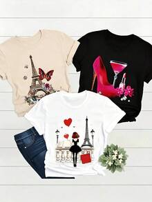 Single Item, Not A 3-Piece Set. Set Of 1 Women's Short-Sleeved T-Shirt In A Retro American Style, Featuring City Name Prints. Soft, Comfortable, And Versatile. Choose 1 Of 3 Designs. Suitable For Easter And Holy Week. Loose, Casual, And Versatile Top T-Shirt - 黑色 - 查看 1