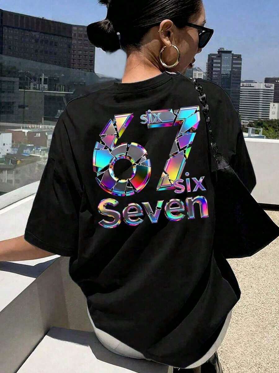 Women's Mexican T-Shirt With 67 Letter Print, Six Seven, Short Sleeve, Round Neck, Casual Style, Breathable Medium Elasticity Fabric, Machine Washable, Summer Clothing, Comfortable Style, Fashionable Summer Cotton T-Shirt - 黑色 - 查看 1