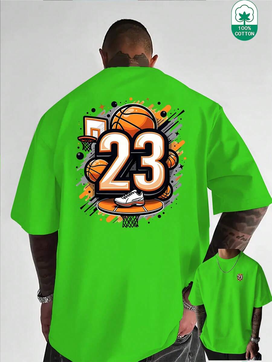 Heavyweight Pure Cotton T-Shirt With A Round Neck, Featuring A Creative Basketball Number And Letter Print On The Front And Back. This Urban Fashion Item For Men Is Casual And Versatile, Perfect For #Commuting #Leisure #Home #Office - 綠色的牧場 - 查看 1