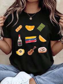 Women's Cotton T-Shirts Venezuelassss Culture Food And Music T-Shirt With Arepa Empanada Plantain Flag Rum And Guitar Design For Venezuelassssn Pride Festival Celebration And Daily Wear, Basic Women's Blouses - 黑色 - 查看 7