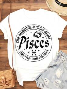 Women's Cotton T-Shirts With The Pisces Zodiac Sign, Women's T-Shirt, Kind, Imaginative, Intuitive, Intelligent, Sensitive, Compassionate, With Astrology Graphic, Casual Top, Summer Outfit, Gift For Birthday Or Holidays, Basic Blouses For Women. - 白色 - 查看 3
