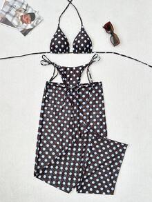 Bộ bikini 3 mảnh chấm bi dành cho nữ, kiểu dáng cổ yếm, hở lưng, kèm quần lưới buộc dây, trang phục thường ngày phong cách vintage đi biển, thích hợp cho mùa xuân/hè. - Chấm bi màu xanh nhạt - Xem 4