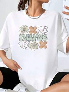 Nurse T-Shirt With Daisy Bandage And Stethoscope Design, Plus Size White T-Shirt For Women - trắng - Xem 1