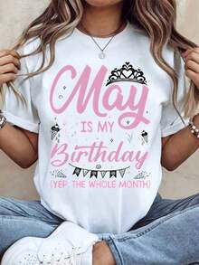 Mexican Women's Crew Neck T-Shirt With Graphic Print 'May Is My Birthday, Yes, All Month Long', Short Sleeve For Casual Wear, Party, Celebration, Birthday Gift, Summer Fashion Cotton T-Shirt - 白色 - 查看 1