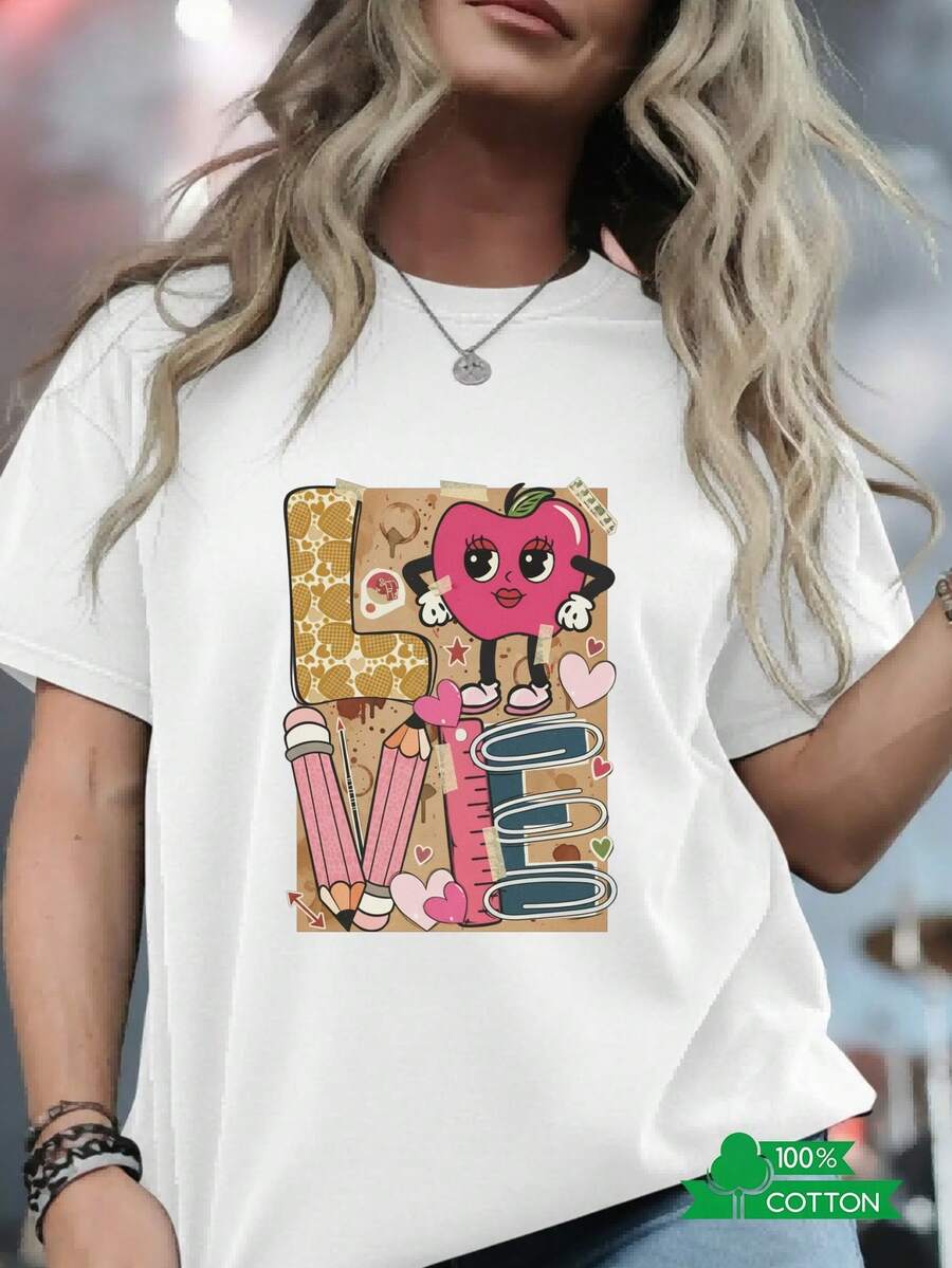 Women's Round Neck T-Shirt With Letter And Anime Print, Simple Design, Comfortable And Breathable, Suitable For Sports, Casual And Everyday Wear, A Must-Have For Summer Parties, Local Shipping, With Anthropomorphic Apple Heart Sticker - Unisex Loose Cotton Short Sleeve Round Neck T-Shirt, Urban Vintage Style. - 白色 - 查看 1