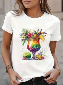 Women's Casual Short Sleeve T-Shirt - Tropical Geometric Print, Semi-Sheer Top, Machine Washable, Round Neck, Summer T-Shirt, Suitable For Beach Outings And Casual Wear, Beachwear, Casual Wear, Bright Design, Comfortable Fit, Vacation Style - Unisex Loose Cotton Short Sleeve Round Neck T-Shirt, Urban Vintage Style - 白色 - 查看 1