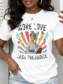 TrendyWomens Fashion T-Shirt With Graphic Print "More Love, Less Prejudice" Vintage Women's Rainbow Design, Casual Summer Top For Everyday Wear. - 白色 - 查看 3