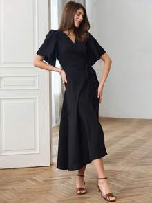 French Maxi Dress With V-Neck, Tie And Fitted Waist, Spring Summer 2026 - 黑色 - 查看 4