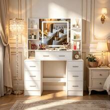 Large Dressing Table With LED Lighted Mirror Stool 10 Shelves Vanity Makeup Desk - Dressing Table With Drawers Mirror Stool Set Makeup Desk Vanity Table Bedroom - White - View 4