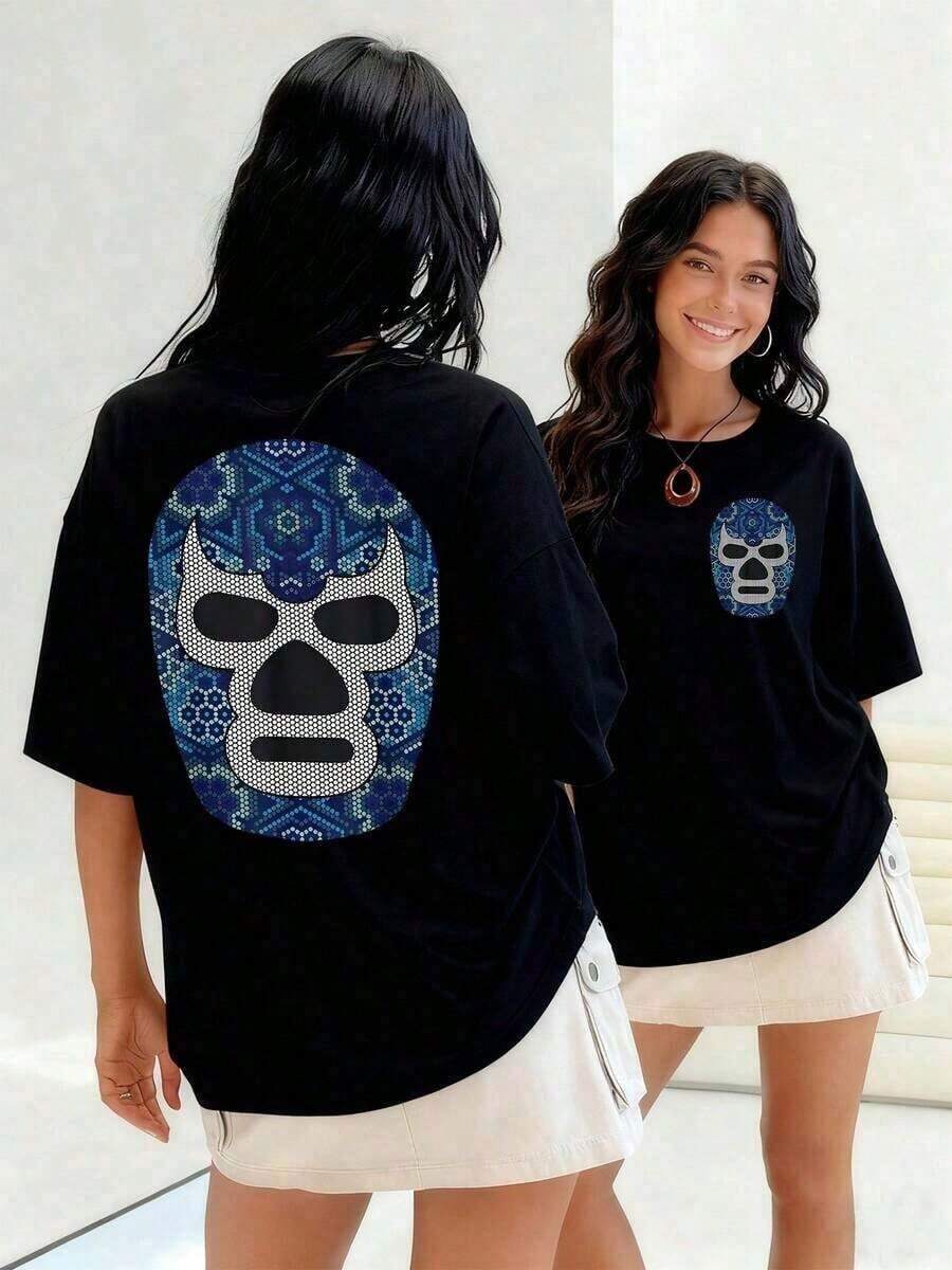 Gift: Wrestling Mask With Blue Mosaic Pattern Symbolizes Strength And Tradition. Women's T-Shirt, Made With 100% Soft And Breathable Cotton For Everyday Comfort. Santo Mask, SantoSoft Mask - 黑色 - 查看 1