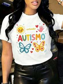 Gift Comfortable Graphic Shirts For Women That Promote Autism Awareness In Spanish 100% Cotton Soft - White - View 1