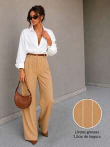 Striped Tailored Wide Leg Pants - Khaki - View 2