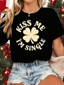 100% Cotton  Single Clover T-Shirt In Soft Cotton, Crew Neck, Loose Fit, Comfortable, Unique Graphic Print. New! Women's Simple Solid Color T-Shirt, Loose And Slim Fit Casual Short Sleeve - 黑色 - 查看 6