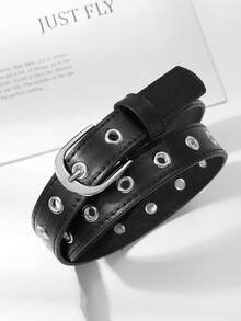 1pc Kids Black PU Eyelet Belt, Personalized Sweet Cool Style, Unisex Leather Belt, Versatile For Daily Wear - Black - View 1