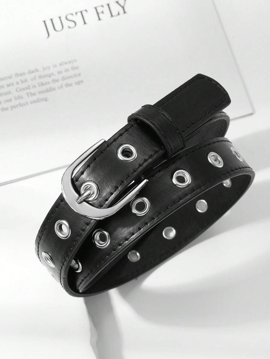 1pc Kids Black PU Eyelet Belt, Personalized Sweet Cool Style, Unisex Leather Belt, Versatile For Daily Wear - Black - View 1