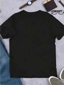 100% Cotton. Cotton T-Shirt With Print, Casual Autumn Style, Quality Fabric, Graphic Design, Urban Hip-Hop Style, Breathable. Women's Simple Solid Color T-Shirt, Loose And Slim Fit Casual Short Sleeve - 黑色 - 查看 3