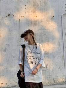 1 Pack. 100% Cotton. 100% Oversized Women's Summer Top With A Pattern - Casual White Short-Sleeved T-Shirt, Unique Letter Print, Spring-Summer Collection, Loose And Comfortable Fit. Suitable For Summer. - 白色 - 查看 4