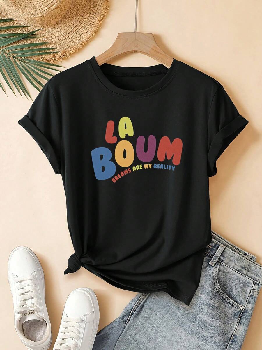 LA BOUM Women's Graphic T-Shirt - Fun And Cute Letter Print, Short Sleeve, Round Neck, Casual Summer Blouse, Machine Washable, Everyday Top For Women (Gift) - 黑色 - 查看 1