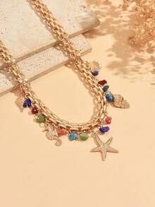 1pc Beach Vacation Style Necklace, Colorful Stone Pendant Seashell Charm, Fashionable Jewelry Suitable For Daily Wear, Summer Vacation, Dates, Parties, Music Festivals. The Size, Shape And Color Arrangement Of The Colorful Stones Are Random And Not Fixed. - Multicolor - View 3