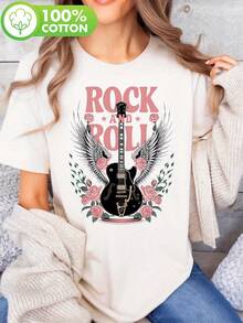 Women's Vintage Rock Print T-Shirt - Soft Black Crew Neck T-Shirt With Guitar, Wings, And Floral Print Design - Casual Concert Wear, Weekend Style, Breathable Short Sleeve Top, Music Festival Essential, Women's Blouses - 白色 - 查看 7